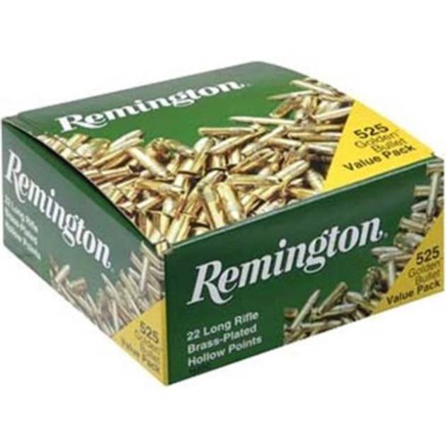 Remington 21250 .22 Long Rifle 36 GR Hollow Point 525 Rounds   Golden Series Bullets are for getting young shooters started, practice plinking, small-game hunting or keeping match shooters scoring high, Remington's rimfire quality stands tall. As with Remington's centerfire ammo, they put the maximum level of quality into the .22s so you can get the maximum performance out of them. Category : Rimfire Rounds Caliber : 22 Long Rifle (LR) Bullet Type : Plated Hollow Point Bullet Weight : 36 GR Muzzle Energy : 131 ft lbs Muzzle Velocity : 1280 fps Rounds Per Box : 525 Boxes Per Case : 12
